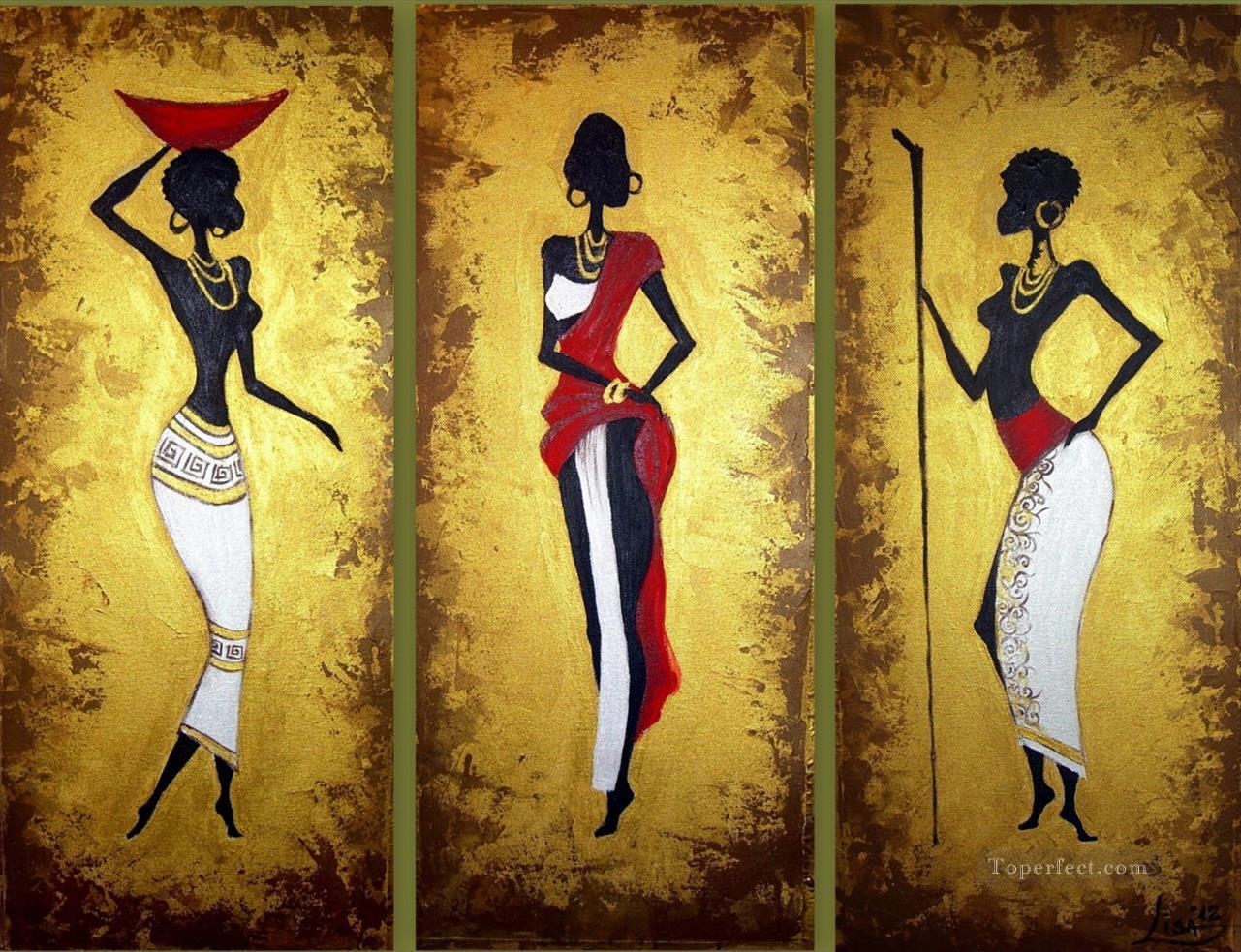 femmes noires à la poudre d’or en triptyque Afriqueine Peintures à l'huile